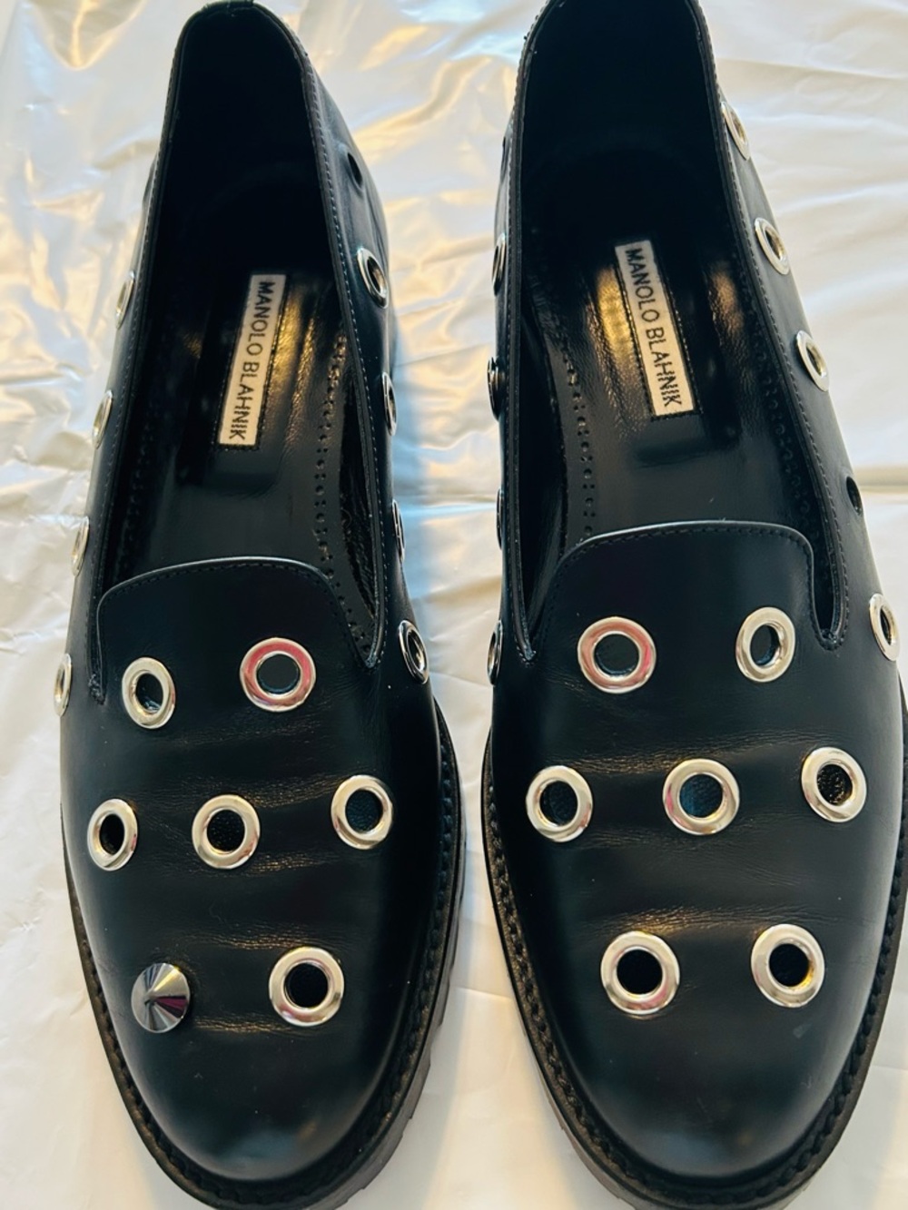 Manolo Blahnik Black Leather Grommet Slip-Ons